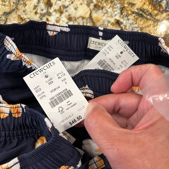 NWT J. Crew Boys' Navy W/ Gold & White Tropical Floral Swim Trunk - Picture 9 of 9